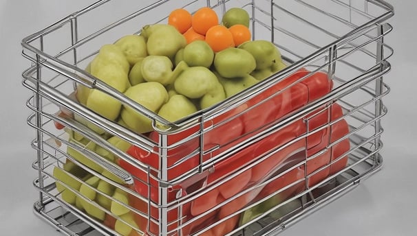A close-up of a stainless steel whisk resting inside a metal pot, with a blurred background showing a modern kitchen setting including a stovetop and possibly a toaster.