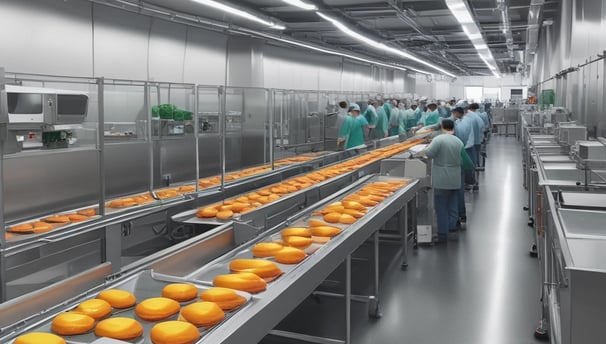 Two workers dressed in protective clothing are inspecting and sorting green leafy vegetables on a blue conveyor belt inside a factory setting. The environment is clean with green and white walls, and there are pieces of industrial equipment and yellow forklifts in the background.