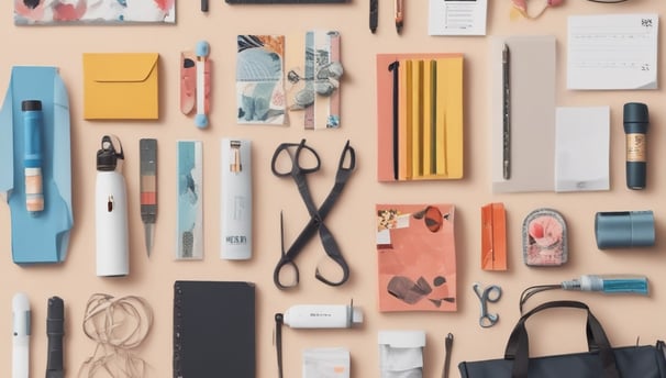 A collection of cleaning tools, including mops and brooms, is clustered together. The handles are made of wood and metal, with some featuring colored grips in yellow, orange, and blue. The mop heads are visibly made of fabric strands and the brooms have stiff bristles.