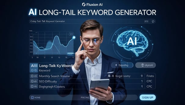 Futuristic interface of Fluxion AI's long-tail keyword generator tool with search metrics