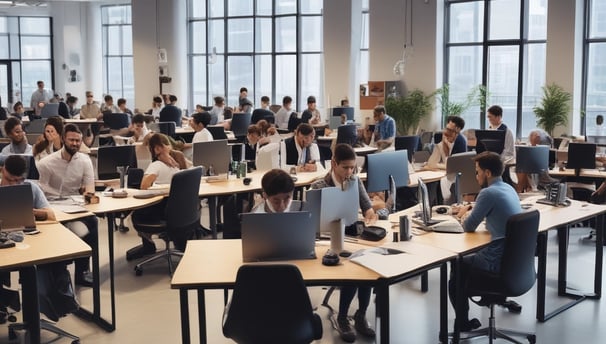 A group of people working at computers in an office, sitting in a row. The space appears modern with white walls, sleek furniture, and bright lighting. Some individuals have headphones on, indicating a focused or collaborative environment.