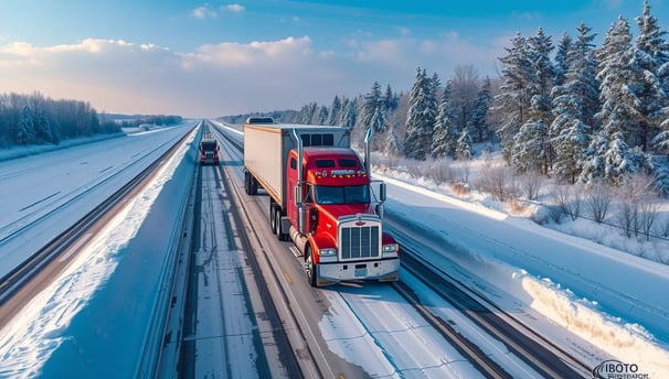 a dry van driving down a snowy i-80 highway under severe weather conditions