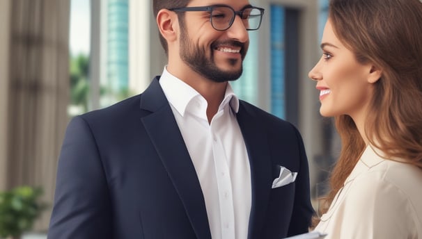 A group of people dressed in formal attire are standing in front of a real estate office. The storefront displays a large sign with an URL and various social media icons, and text in a foreign language. The group mostly consists of men in white shirts and dark trousers, standing in a straight line, with two women at either end of the row.