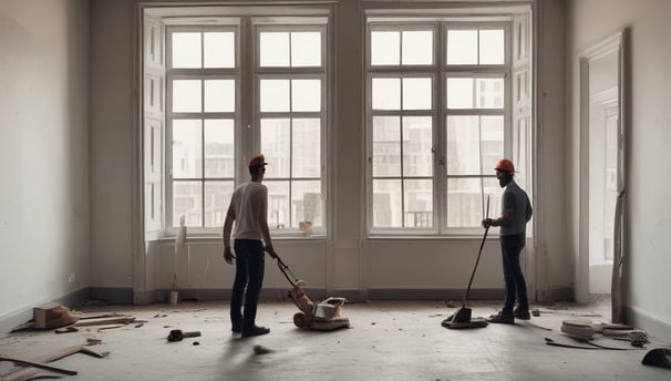 A partially renovated room with large windows overlooking a garden. The room is mostly empty, with some construction materials like boards and plastic wrapped furniture on the right side. There are cables hanging from the ceiling and a small workbench with tools near the window on the right.