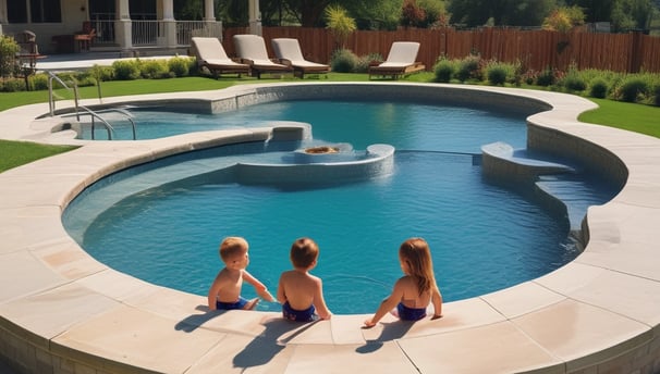 A sunglass lens frames the view of a pool cleaning device submerged in water, creating a contrasting focus against the bright blue of the pool. The lens slightly darkens the view, emphasizing the details of the cleaning equipment with its brush and hose.