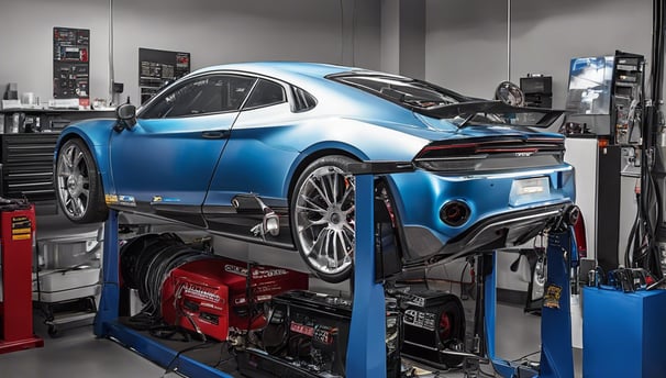 A nighttime view of an automotive repair shop with the name 'Main Street Automotive' illuminated in bright lights. The building has signs for Pennzoil and the entrance is open, revealing vehicles inside the garage. A car is parked in front of the building, and there is a large concrete structure on the right side.