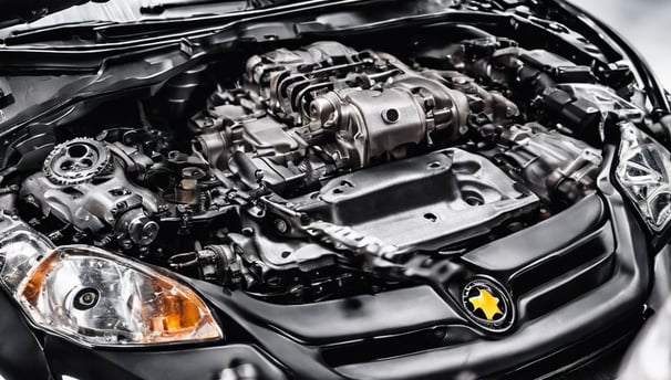 A small automotive repair shop with a distinctive red and white facade, located on a quiet street. The building is one story with large glass windows and a sign displaying the name of the business. A black car is parked in front of one of the garage doors. Tree-lined streets with houses are visible in the background, bathed in the soft light of late afternoon.