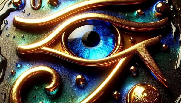 a close up of a metal eyeball with a blue eye