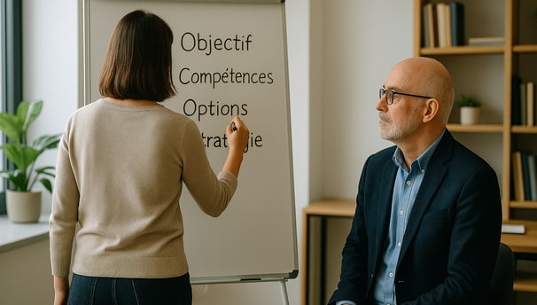 a coach who help a woman in business attire standing in front of a white board