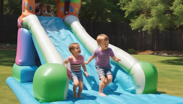 Several young children are playing inside a bouncy house. The bouncing space is enclosed with a yellow and blue net, and the children seem to be enjoying themselves. The background shows a busy outdoor area with more children and adults, hinting at a fair or a community event.