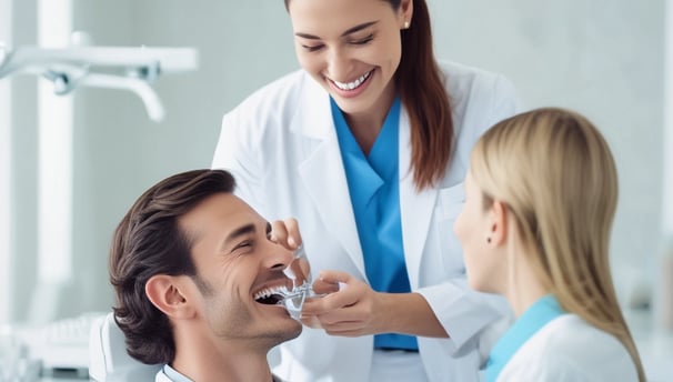 A dental model displaying a set of teeth with orthodontic braces on both the upper and lower jaws. The model is positioned on a glossy white surface with a blurred background. Soft lighting highlights the dental features.
