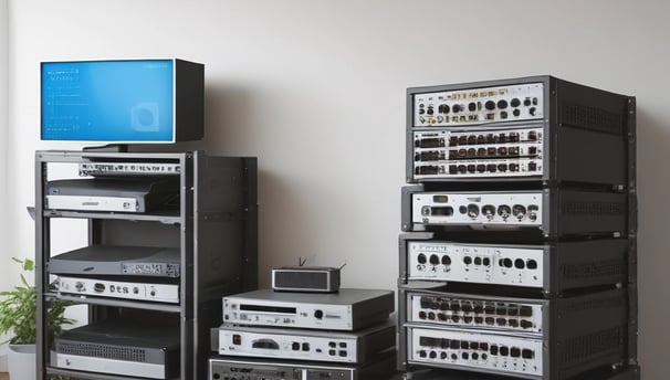 A person holding a yellow device stands next to an open telecommunications cabinet mounted on a wooden wall. The cabinet contains various networking and telecommunications equipment, including cables, routers, and a device with AT&T branding. A wall-mounted router with antennas is visible to the right.