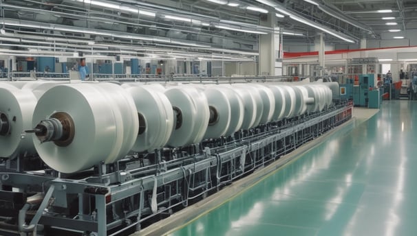 An industrial setting with multiple large textile weaving machines placed in a row, surrounded by packages and various materials. The machines are primarily blue and white, featuring several moving components and long rollers. The area is well-lit by overhead lights and is spacious with a concrete floor.