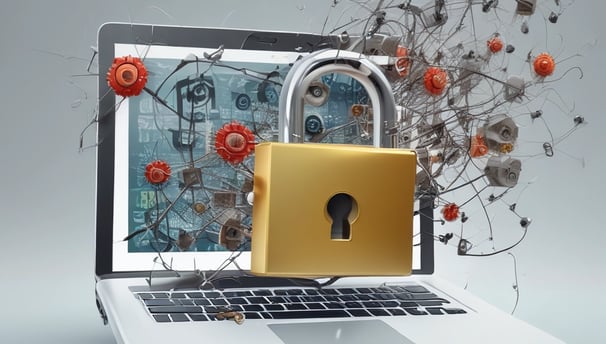 A wall display in a public service area with digital service sections. It features a large image of a smiling woman with glasses in the center, surrounded by digital screens and icons representing different electronic services. There are two orange kiosks with touch screens for self-service on the right side.