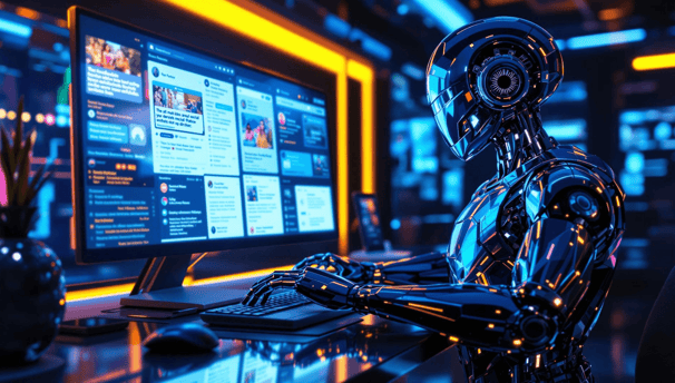 a robot with a computer monitor and a keyboard