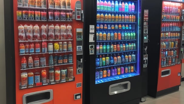 A row of illuminated vending machines displays a variety of drinks and snacks. The area around the machines is dark, emphasizing the bright electric lights and colorful product images. The setting appears to be outdoors, possibly in a quiet or dimly lit location.