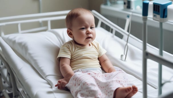A healthcare professional, dressed in white and wearing gloves, examines a newborn baby while the mother holds the baby on a sofa. A young girl is also present, sitting next to the mother and baby, observing attentively. There is a decorated Christmas tree in the background, indicating a festive atmosphere.