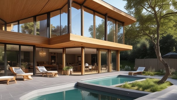 A rustic house with timber framing is nestled among tall, dense trees in a lush forest. The structure's brown and beige colors are complemented by vibrant green foliage, creating a sense of harmony between architecture and nature.