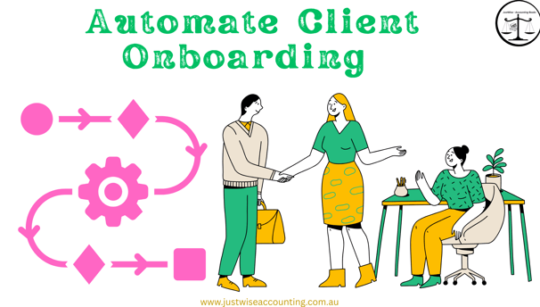 Automate Client Onboarding: Streamlined process with pink arrows and gears, handshake between two pe