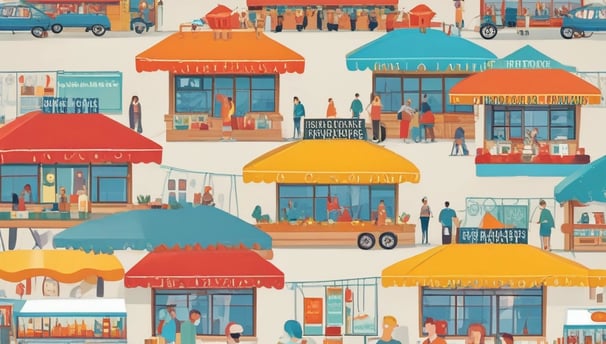 A busy outdoor market scene with people interacting and engaging in trade. Individuals are gathered around carts filled with fresh produce, such as leafy greens and melons. Some people are standing while others are seated on structures around the area, giving a sense of casual social interaction.