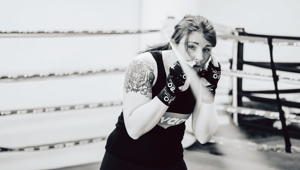 Pro Boxer Sarah "Savage" French, black and white digital photo by Jasmin Huitzil