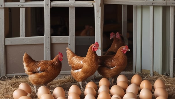 a group of chickens in hay with fresh eggs