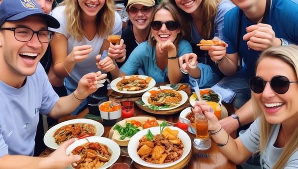 An outdoor food market is bustling with people walking around and others sitting at tables enjoying meals. The scene includes vibrant food stalls, colorful lighting, and greenery hanging from above. The environment looks lively and social, with a mix of retro and modern decor.