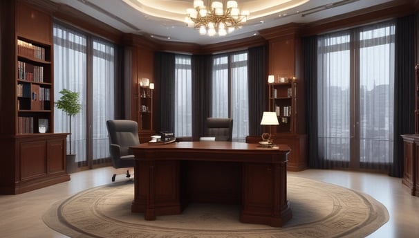 A modern, dimly lit interior with a sleek design dominated by large, criss-crossing ceiling lights. The reception area features a desk with red flowers and several people behind it. Large windows on the side let in some natural light, and the atmosphere is professional.