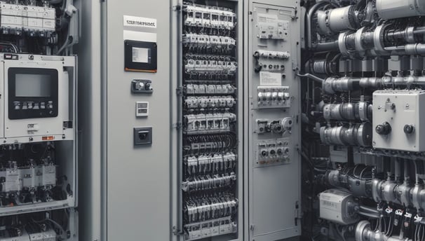 The image features a piece of industrial equipment, specifically a conveyor belt system with an angled section for transporting items. It includes a motorized control unit and support structure with metal components.