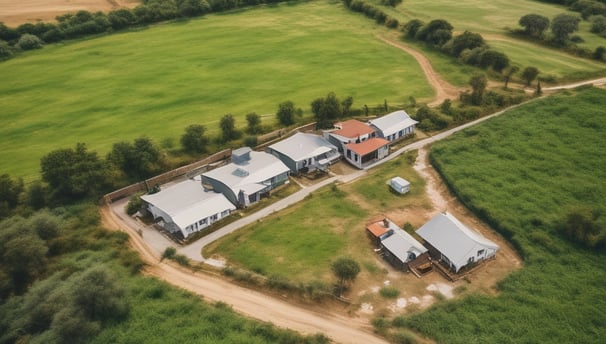 Aerial view of an expansive agricultural area divided into large rectangular plots of farmland. These plots are various shades of green, indicating different types of crops or stages of growth. Adjacent to the farmland is a small residential area with houses and trees, and there are some buildings and structures near the fields. In the background, a small body of water is visible as well as a distant mountain range. The layout of the farmland is organized and there are several dirt roads and paths intersecting the fields.