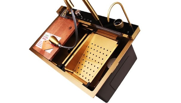 Golden color stainless steel handmade sink with faucet and accessories