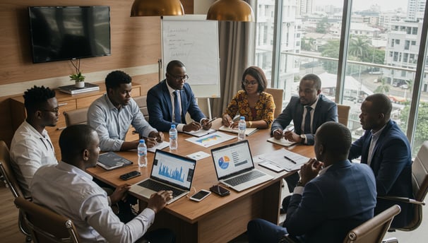 a group of people sitting around a table with laptops
