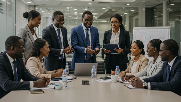 a group of business people sitting around a table