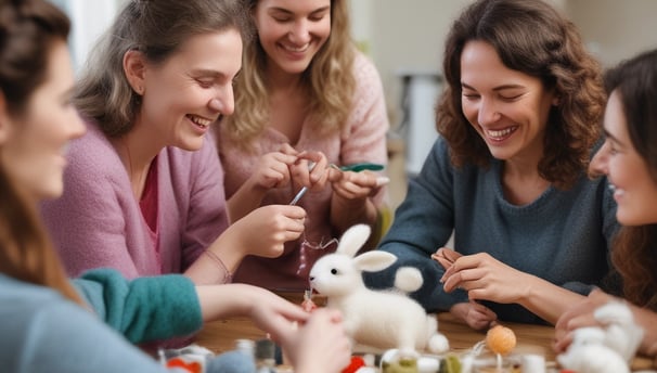 A group of ladies having fun making a felted bunny. Making new friends while learning a new craft.