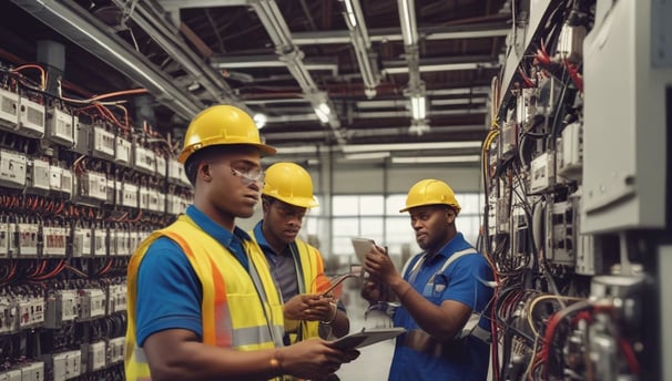 A single-story building with the words 'AUTO REPAIRING' displayed prominently above a series of windows. The structure appears weathered, with some paint peeling off, indicating age and exposure to the elements. The scene is set on a clear day with a bright blue sky, and the ground in front of the building is covered in gravel or dirt. A small, corrugated metal structure is attached to the side of the building.