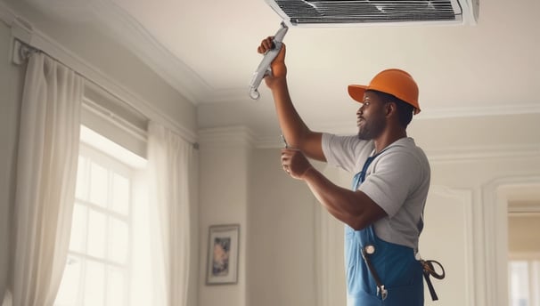 Two workers interact with a large piece of industrial machinery, possibly for maintenance or repair. The ground is rough and composed of gravel or rocks, and various tools and containers are scattered nearby. The machine dominates the upper part of the image, appearing heavy and complex with a metallic construction.