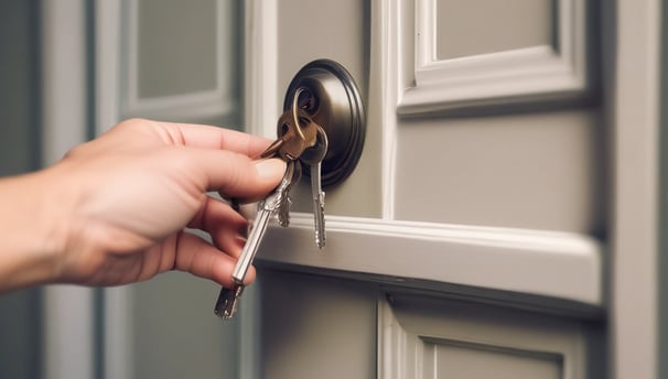 A close-up view of a modern electronic door lock with a circular design, featuring a green illuminated button. The lock is installed on a wooden surface, and the background is softly blurred.