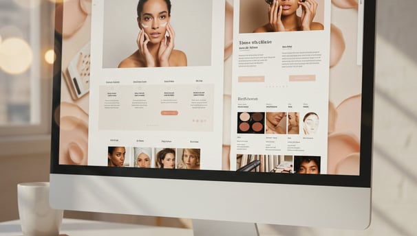 a computer monitor screen displaying a photo of a woman's face on a cosmetic website