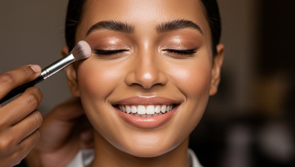 a woman with a makeup brush applying cosmetics on a client