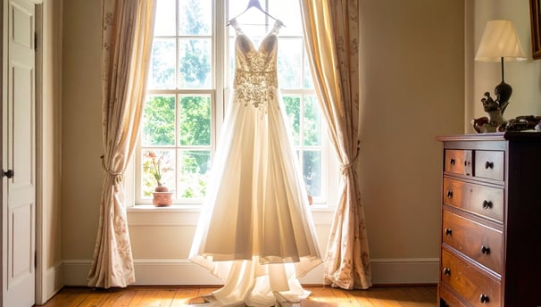 A brides wedding dress back lit from hanging from the curtain pole in front of a window