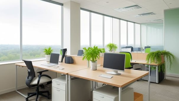 a desk with a computer and a plant in the background represeting an eco friendly cleaning space