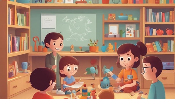 A classroom setting with children sitting at desks and an adult woman standing and interacting with them. The classroom has posters and decorations on the walls, including an alphabet and numbers chart, and a chalkboard with instructions. The woman is holding some items in her hands and seems to be engaging with the children, who are looking at her attentively.