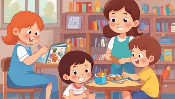 A bright, organized classroom with educational materials on the walls. There are colorful alphabet and number charts, a variety of shelves holding different toys, a small table with red chairs, an easel, and a vibrant blue rug featuring sports balls. The room has a welcoming and educational atmosphere.