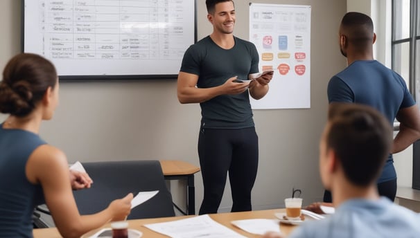 A gym setting featuring various fitness equipment, including kettlebells, stacked weight plates on a rack, dumbbells, and a medicine ball. The gym has a rugged, industrial vibe with black walls and a Bulldog Gear plyo box.