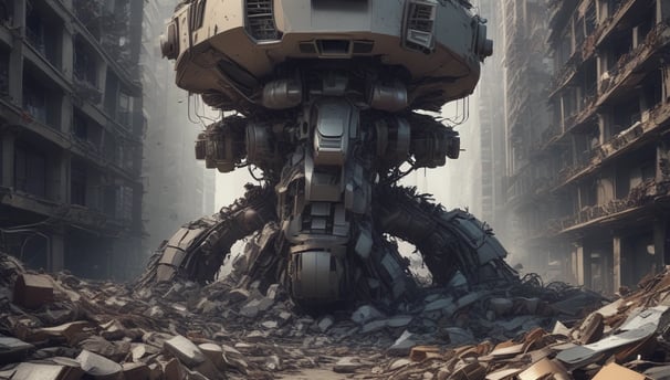 An industrial area by the waterfront features a large pile of rubble and debris. A truck is positioned at the edge of a structure, unloading more materials onto the heap. In the background, smokestacks and tall buildings rise into a gray, overcast sky, suggesting an urban environment.