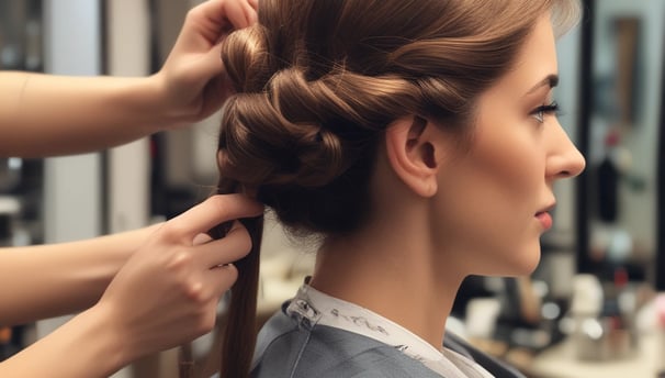 A person with tightly coiled, shiny hair is being styled. The hair has a springy texture, and a hand is visible holding scissors, suggesting a haircut or styling in progress. The setting appears to be indoors, possibly a salon.