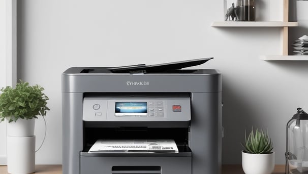 A monochrome image of a black multifunction printer with the brand name visible on the top. The printer displays a control panel and an open paper tray. It is positioned against a plain wall with a small portion of a person or object partially visible in the foreground.