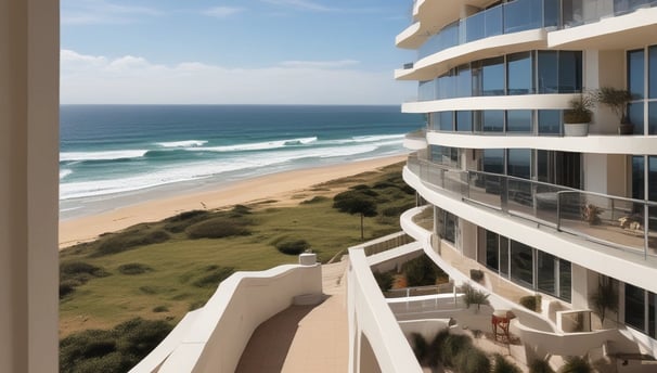 A multi-story apartment building with a distinctive red and white checkered facade. The structure is positioned on the left side of the image, leaving a large expanse of overcast sky to the right. The building features balconies, windows, and a sign indicating something is for rent or sale.