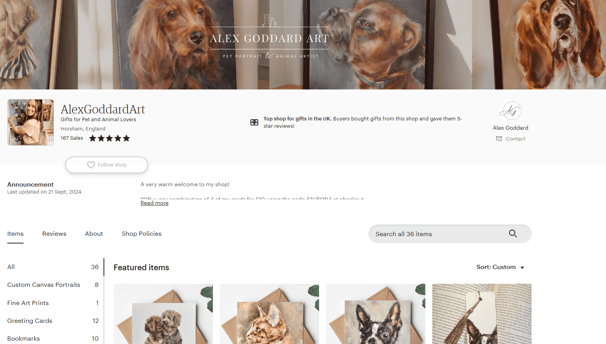 An image showing Alex Goddard's Etsy shop showing greeting cards for sale.