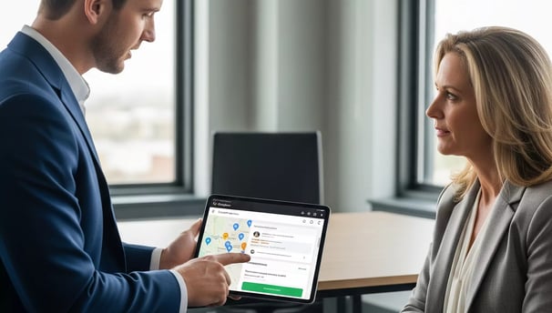 Professional consultant showing client Google Business Profile optimization of local map on a tablet